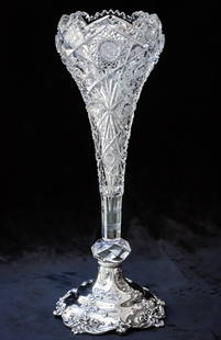 Incredilbe Hawkes Lorraine Gorham Sterling Silver American Brilliant Cut Glass Vase: This giant vase was cut by Hawkes in their coveted Lorraine pattern. Hawkes reserved this pattern for many special pieces in their catalog often on singular blanks or silver mounts. This exact piece i