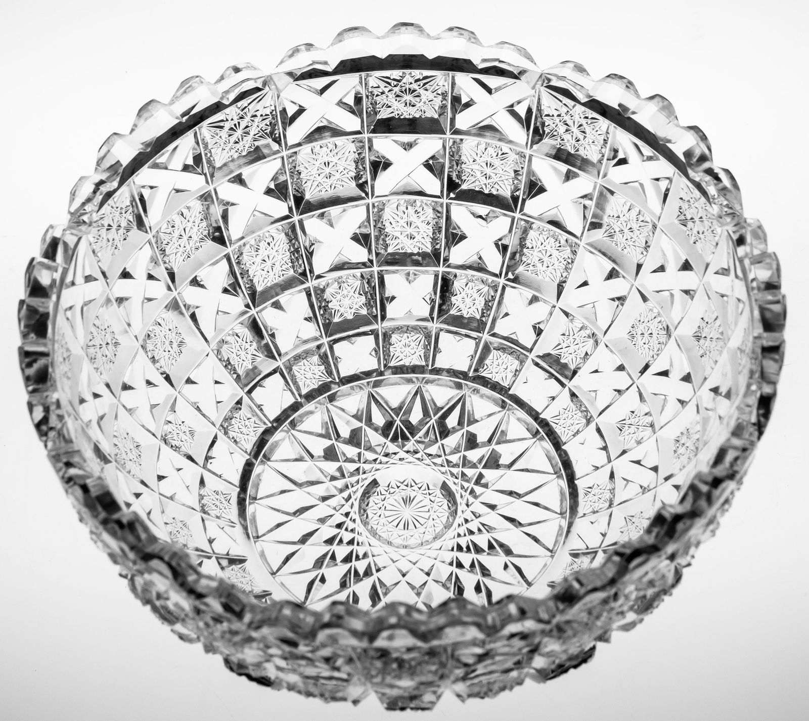 Nice Niagara Ribbon American Brilliant Period Cut Glass: Unusual bowl cut in a trellis like design by Niagara Cut Glass fittingly called Ribbon. Features clear channels weaving between hobstar knobs.