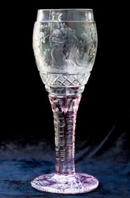 Incredibly Engraved "Spring Awakening" Cut Glass Chalice w/ Lavender Stem