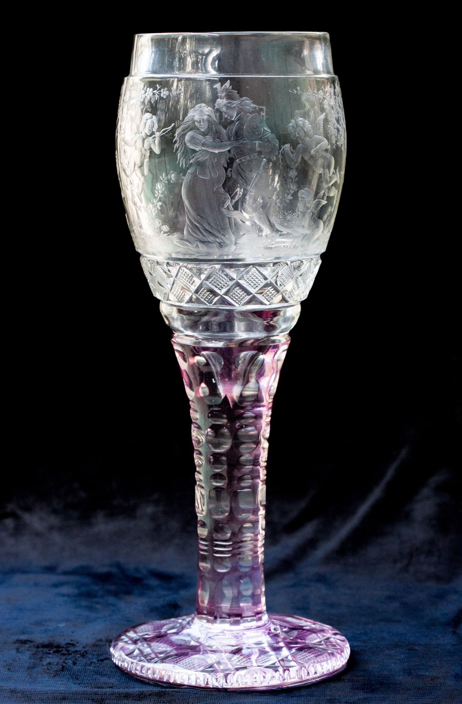 Incredibly Engraved "Spring Awakening" Cut Glass Chalice w/ Lavender Stem: I have never seen anything like this fabulously engraved chalice. On one side of it, it features the German phrase "Frühlings Erwachen," which translates to Spring Awakening - a play written by Frank