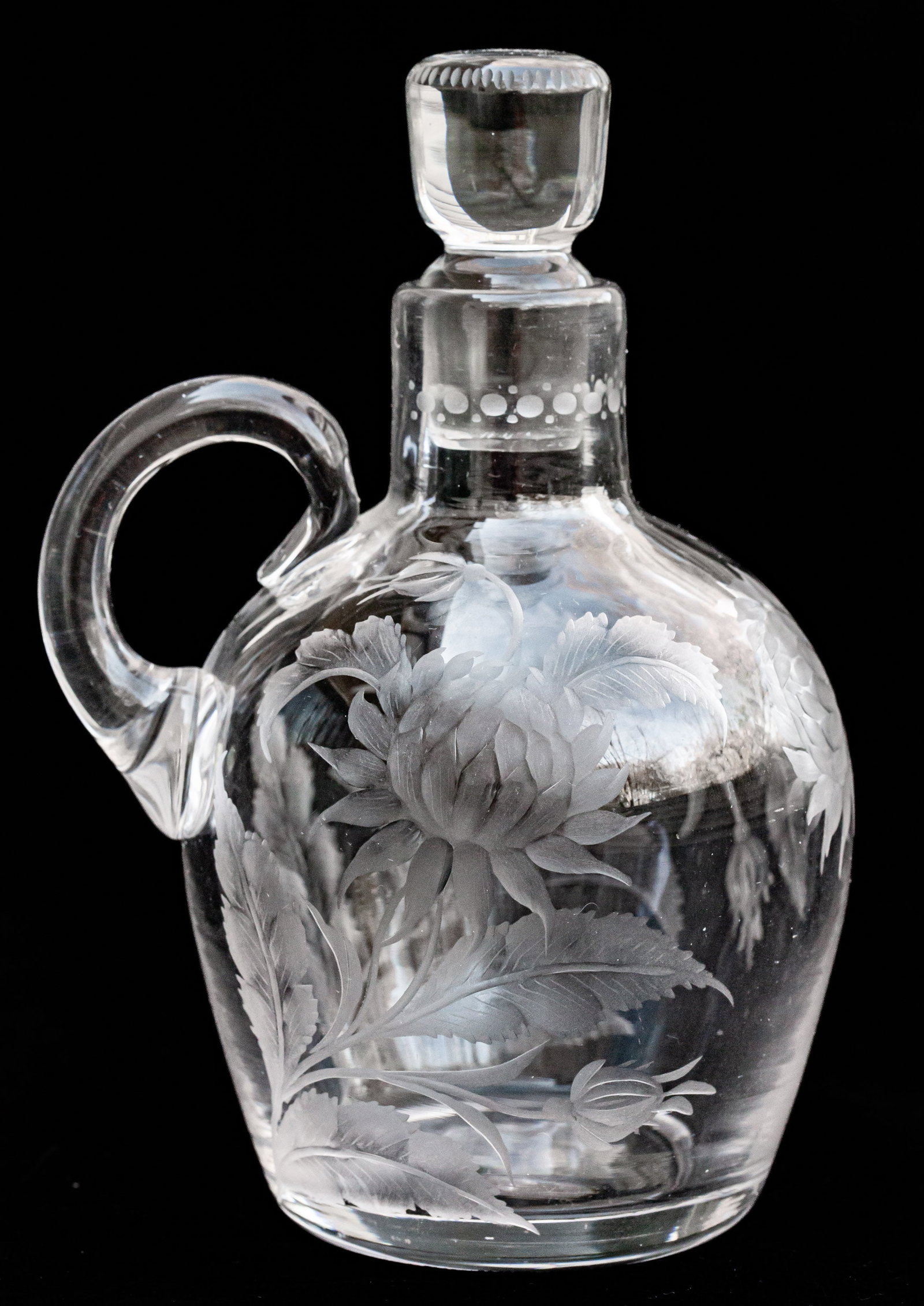 Cute Sinclaire American Brilliant Cut Engraved Glass Miniature Whiskey Jugs: Miniature pieces like this are hard to come by - this one was engraved and signed by Sinclaire on the decanter and stopper.