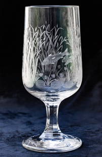 Neat Engrave Fish Brilliant Cut Glass Chalice: Really well engraved chalice with 2 fish in 3 seperate panels around the perimeter of the piece. Base is engraved on top of itself.
