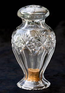 Unusual Sinclaire American Brilliant Period Cut Glass Shaker: Really rare piece cut and engraved by Sinclaire - one piece, no seems! Even the holes have engraved circles around them at the top! Cork plug appears to be original. Signed Sinclaire.