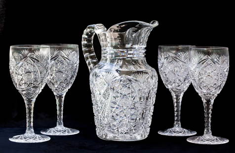 Fantastic Pitkin & Brooks Beverley American Brilliant Cut Glass Water Set: So rare to find a full water set with magic water goblets. This set features 4 unusually shaped goblets and a fantastic pitcher cut in Beverly by Pitkin and Brooks. All pieces are signed. Great comple