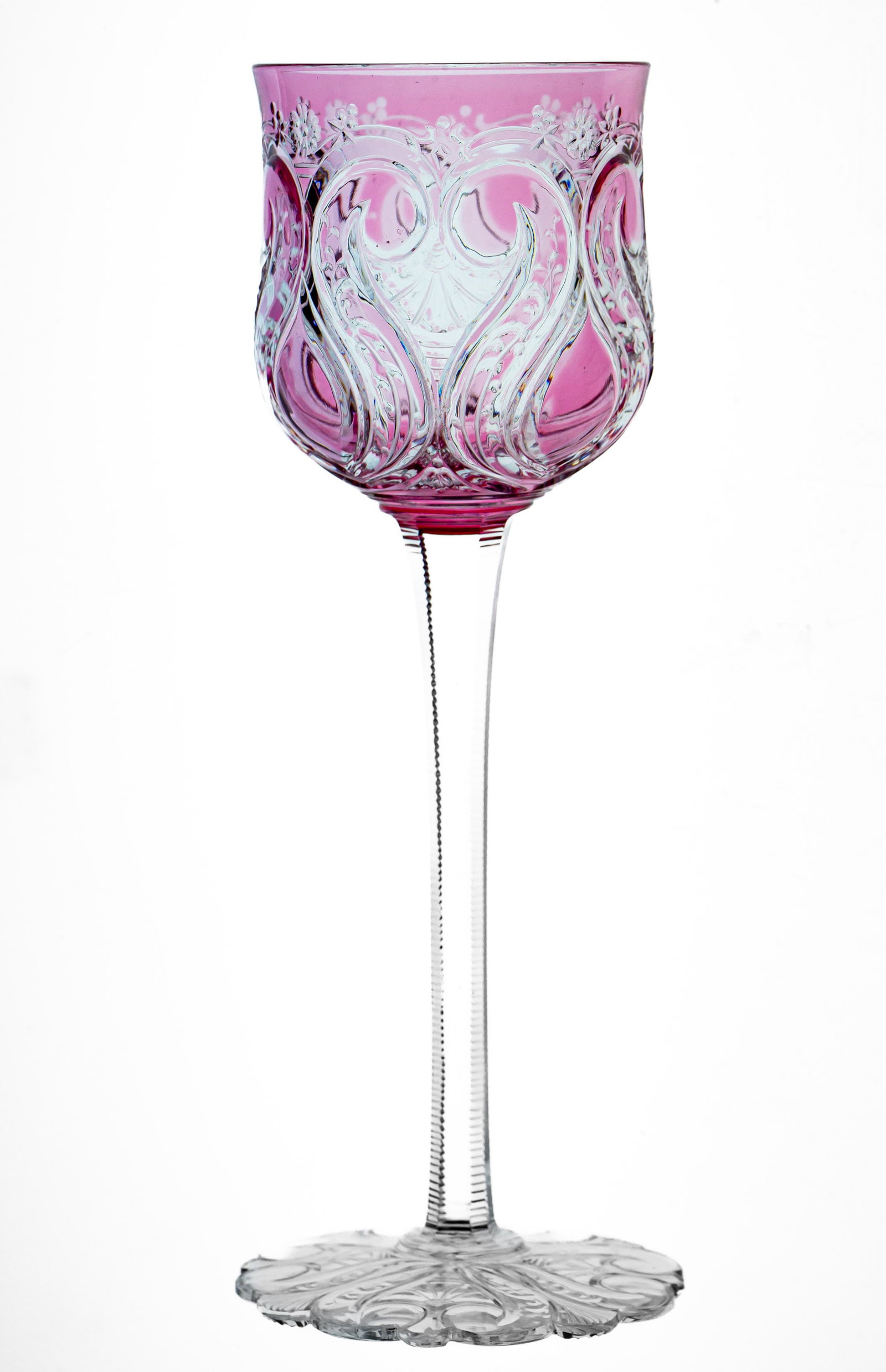 Extraordinary Roasline/Pink Cut Glass Hock Wine - Stevens & Williams? Baccarat?: This incredible hock wine is cut in rosaline to clear. The tulip-shaped blank features beautiful cutting and engraving showing off this rare color. The base is fully cut in pattern.