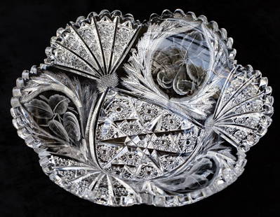 Incredibly Well Done Libbey Savona American Brilliant Period Cut Glass Bowl: The Savona pattern by Libbey may easily be the best combination of geometric cutting and realistic engraving. The variety of motifs is mind-numbing and the quality of engraving is superb. I have had a