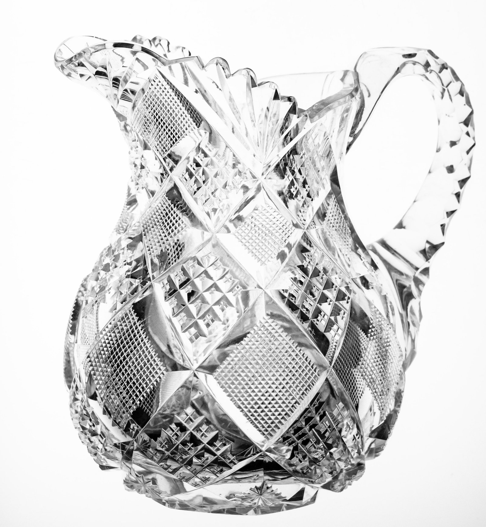 Precious Mt. Washington Wheeler American Brilliant Period Cut Glass Milk Pitcher: Adorable early piece of Mt. Washington cut in their Wheeler design. Very deep cutting and wood wheel polishing.