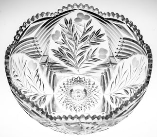 Unusual American Brilliant Period Cut Glass Bowl with Herringbone and Flower Cutting