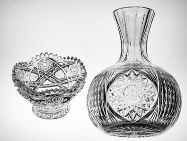 Combination Lot (2 pieces) American Brilliant Cut Glass Carafe and Mayonnaise Bowl