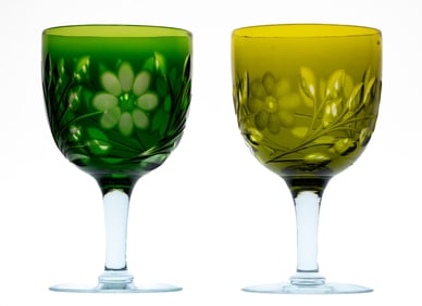Late Pair of Colored American Brilliant Period Cut Glass Goblets