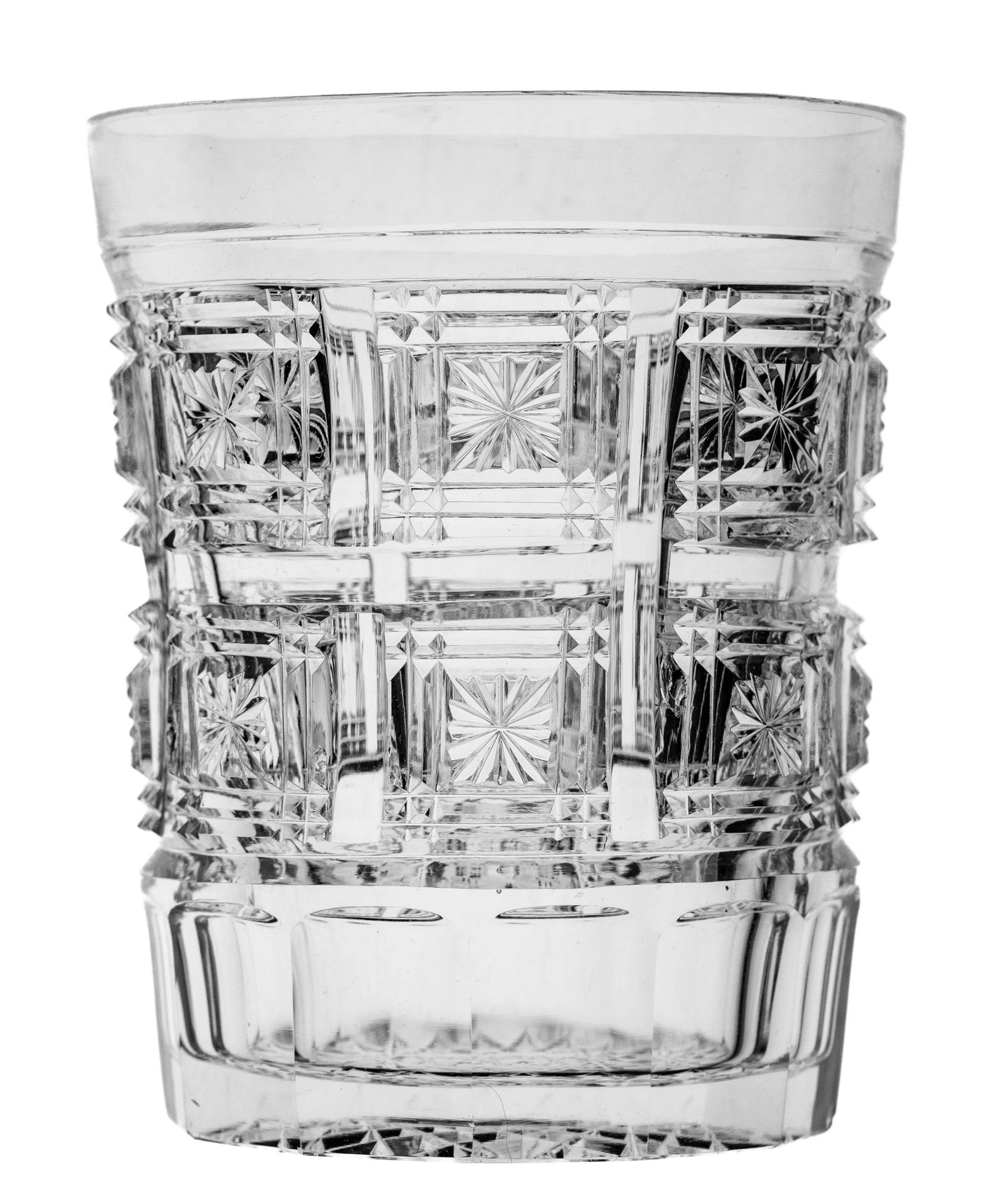 Extremely Rare Hawkes Albany American Brilliant Period Cut Glass Tumbler: From my personal collection, this is the only tumbler I have ever seen cut in Hawkes already rare Albany design. Featuring weaving clear panels and an unusual arrangement of squared off formations wit