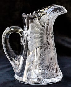 Incredible Libbey Poppy American Brilliant Period Cut Glass Engraved Intaglio Pitcher