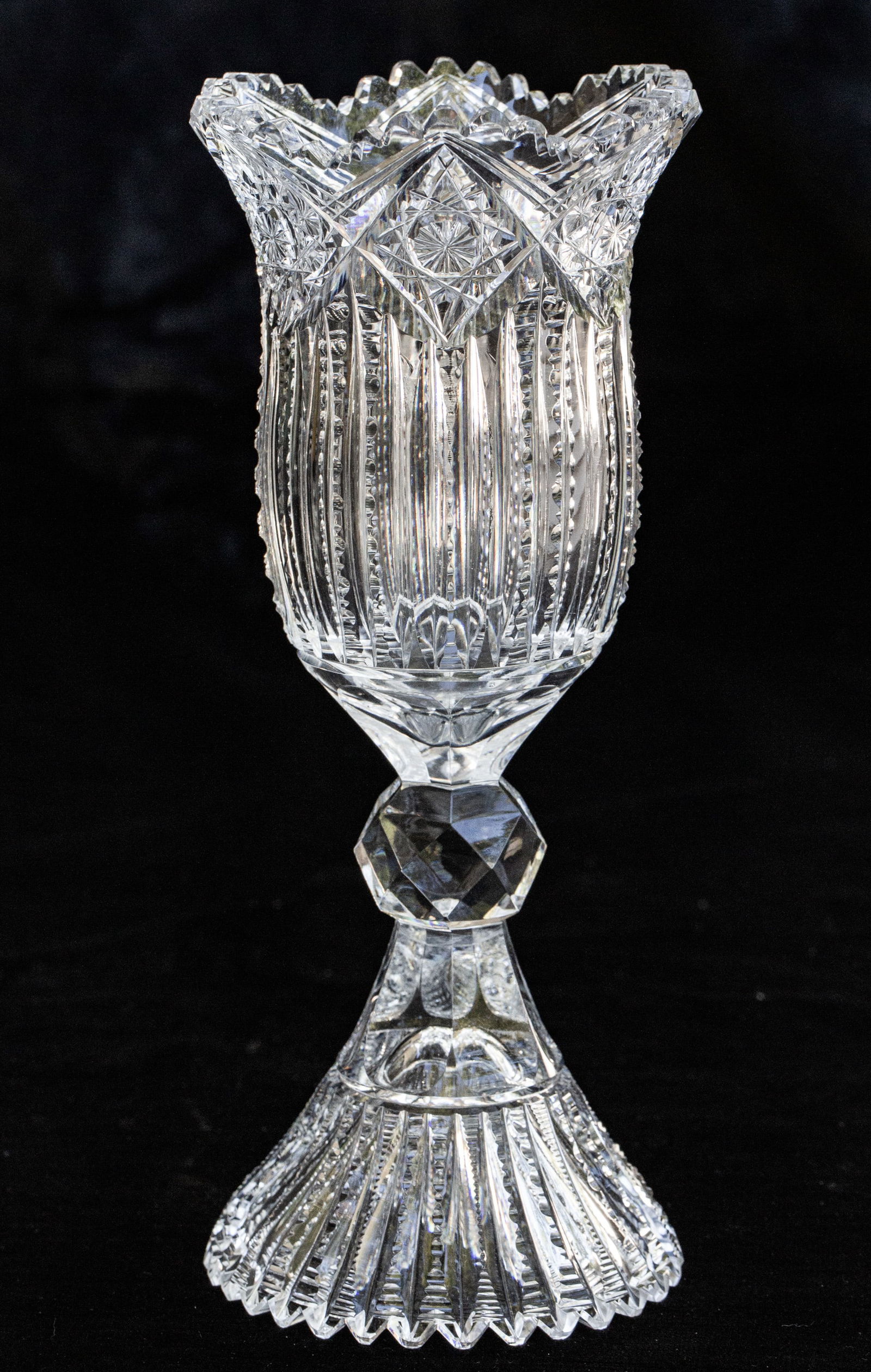 Gorgeous J. Hoare Plume American Brilliant Period Cut Glass Footed Vase: This extremely rare vase was cut by J. Hoare in their Plume design - the exact piece is shown in the J. Hoare catalog. I just love the form with the flared mouth, petticoat base and lapidary knob that