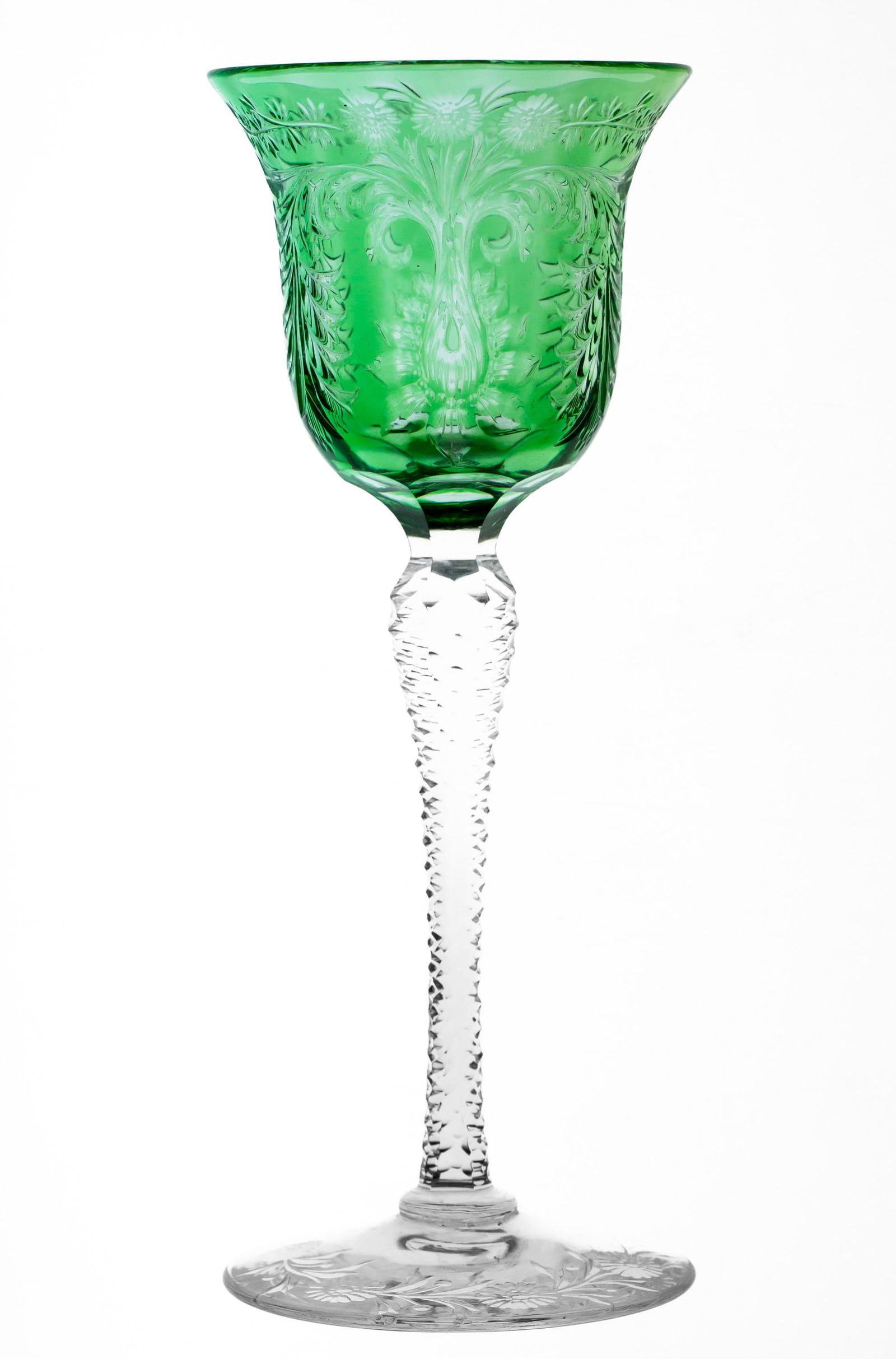 Fantastic Hawkes Rock Crystal Green to Clear American Brilliant Period Cut Glass Hock Wine: This is an exceptional example of rock crystal work by Hawkes on a green to clear wine stem. Fantastic relief from copper wheel engraving revelealing the clera layer of glass on the green bowl of this
