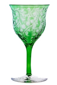 Elegant Stevens & Williams Cut Glass Engraved Green to Clear Wine Stem