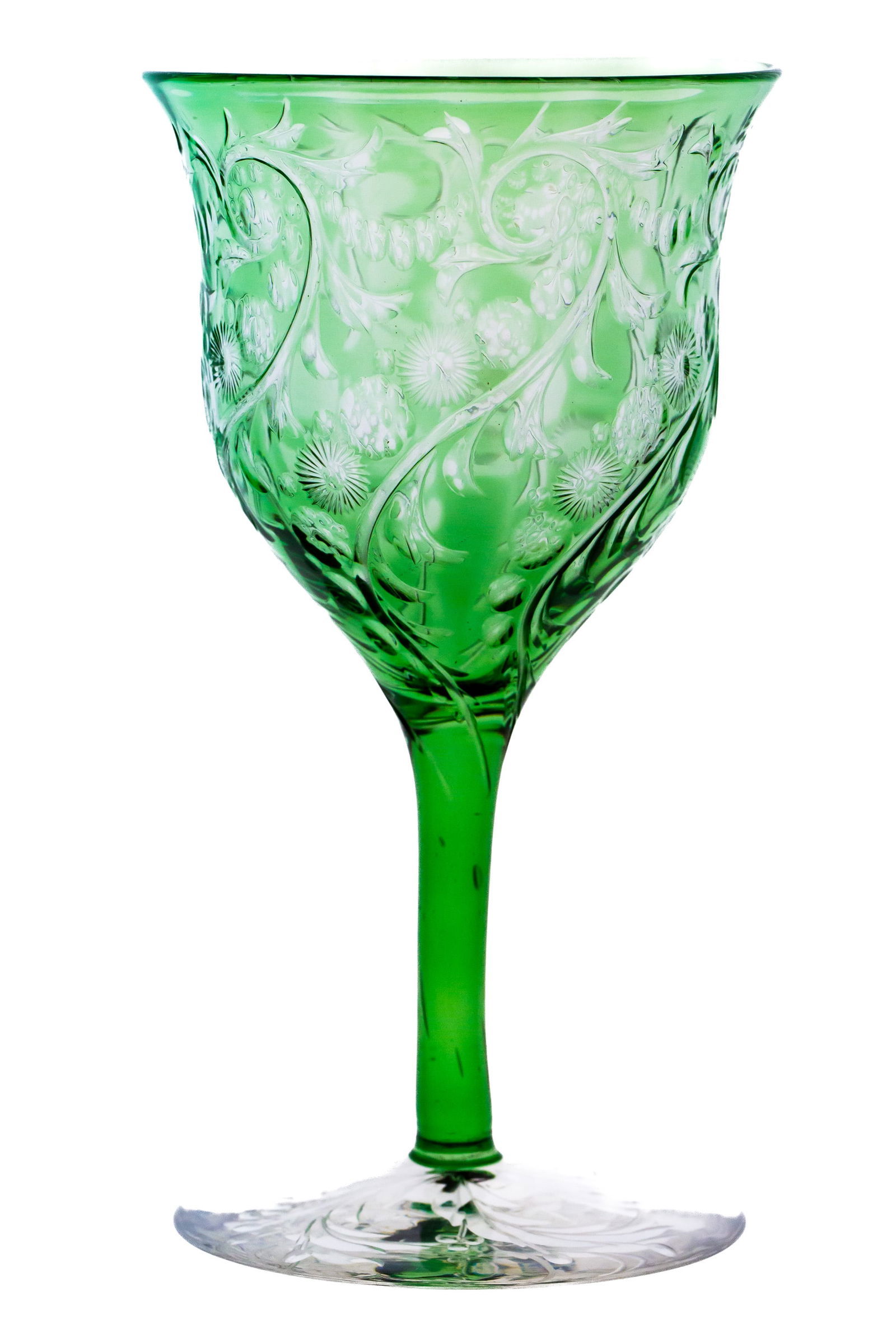 Elegant Stevens & Williams Cut Glass Engraved Green to Clear Wine Stem: This wine glass was engraved by the masters at Stevens & Williams in a swirling design of flowers. What's particularly unusual about this piece is that it has a full, seamless colored stem - something