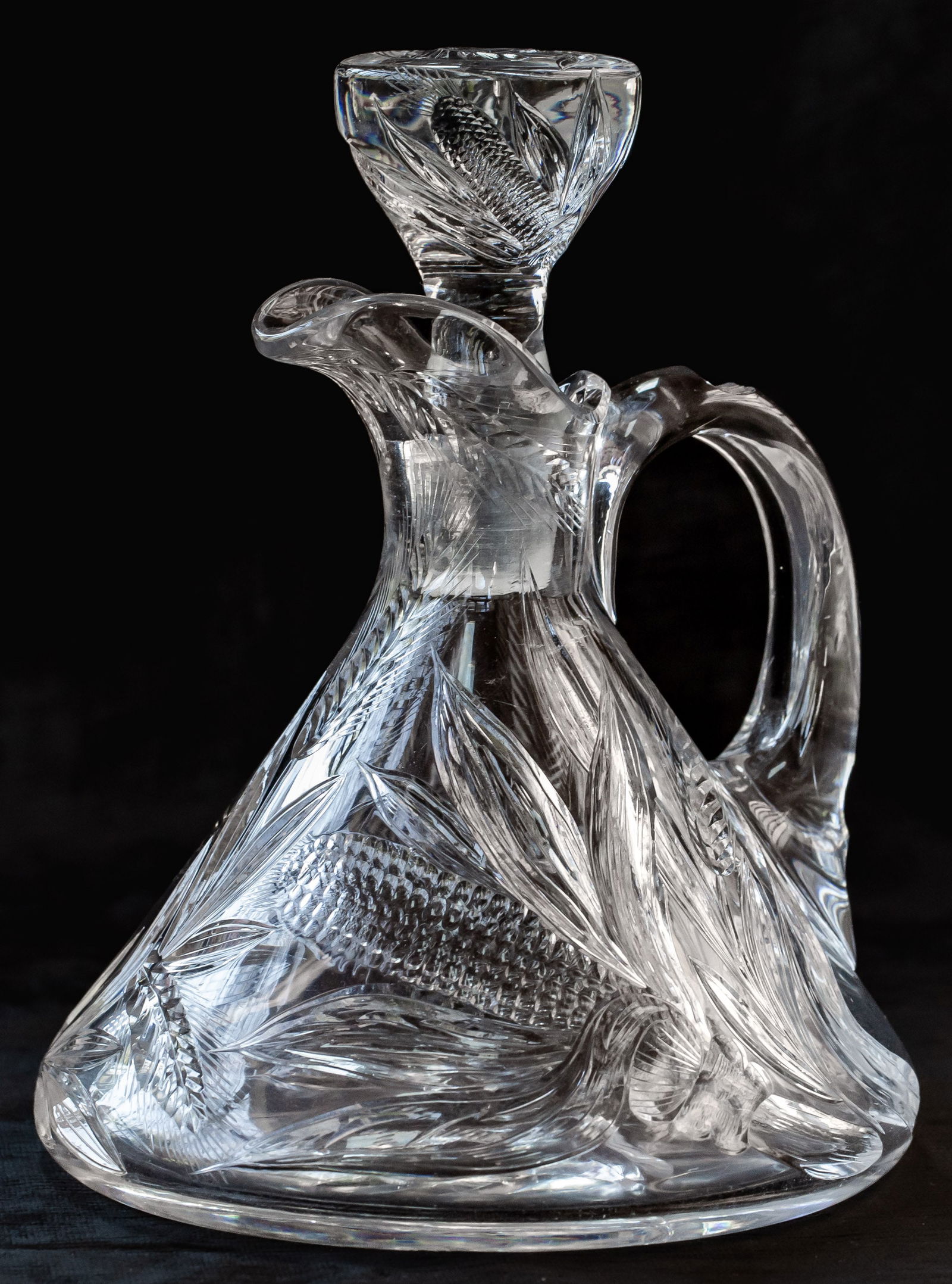 Exceptionally Rare Hawkes Gravic Corn American Brilliant Cut Glass Ship's Decanter: This Ship's decanter was engraved by the masters at Hawkes in their Gravic Corn design - both the stopper and base are signed. The detail on this piece is second to none - just look at the fully engra