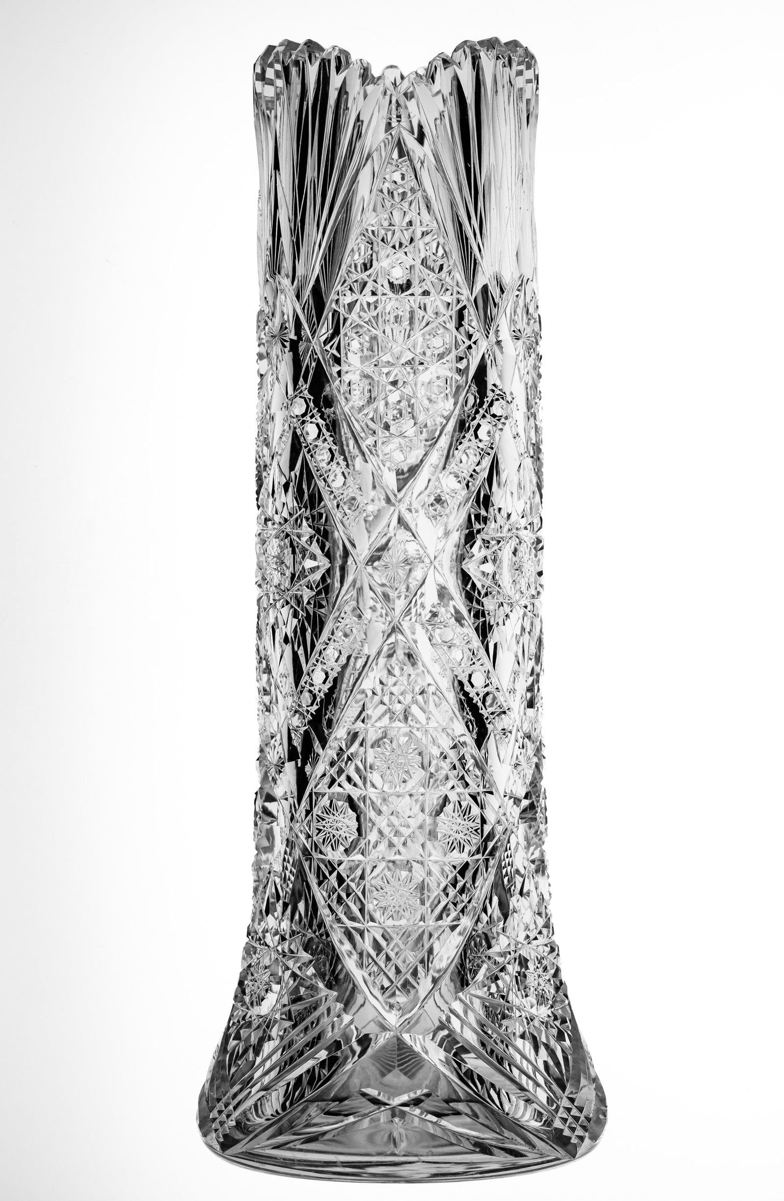 Incredibly Unusual Libbey Imperial American Brilliant Cut Glass Stovepipe Vase: This vase, cut in a captivating rendition of Libbey's Imperial is cut on an unusual stovepipe blank - the only one of these I've ever seen. There's so much cutting on this vase - triple miter trellis,