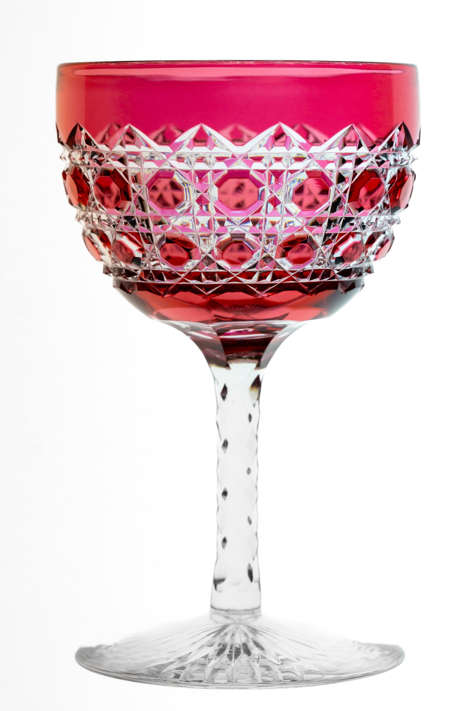 Nice Straus Cranberry to Clear 2 Cut Octagon Brilliant Cut Glass Stem: Great example of colored glass from the makers at L. Straus. Cut in their 2 cut octagon design and featuring a St. Louis diamond notched stem.