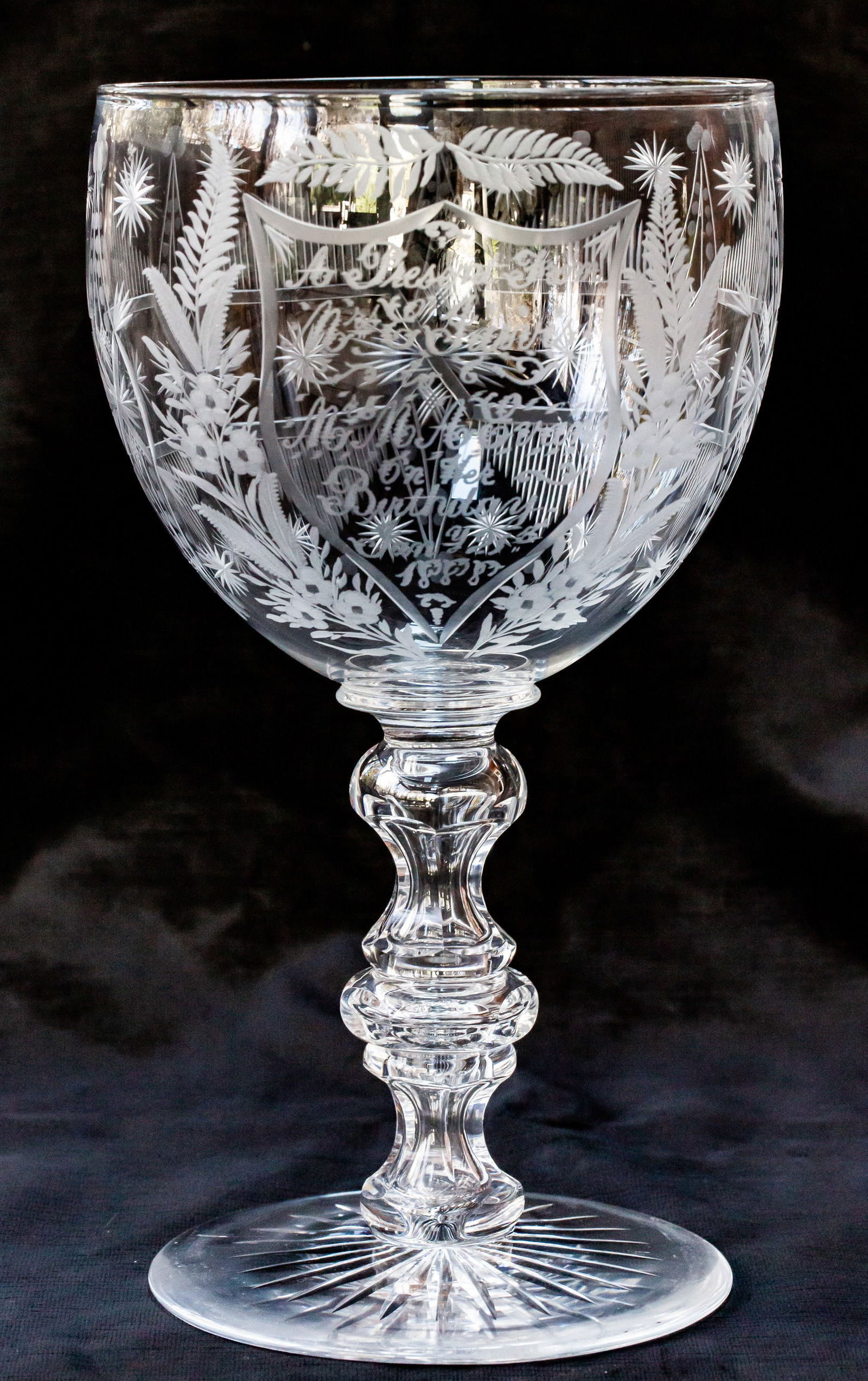 Giant Cut Glass Crystal Engraved Presentation Chalice 1888: This incredible presentation Chalice was made in 1888 and is engraved with the following, "A Present From Mrs. E. Jarvis to Mrs MA Evans On Her Birthday Jan 21st 1888." The form is large and impressiv