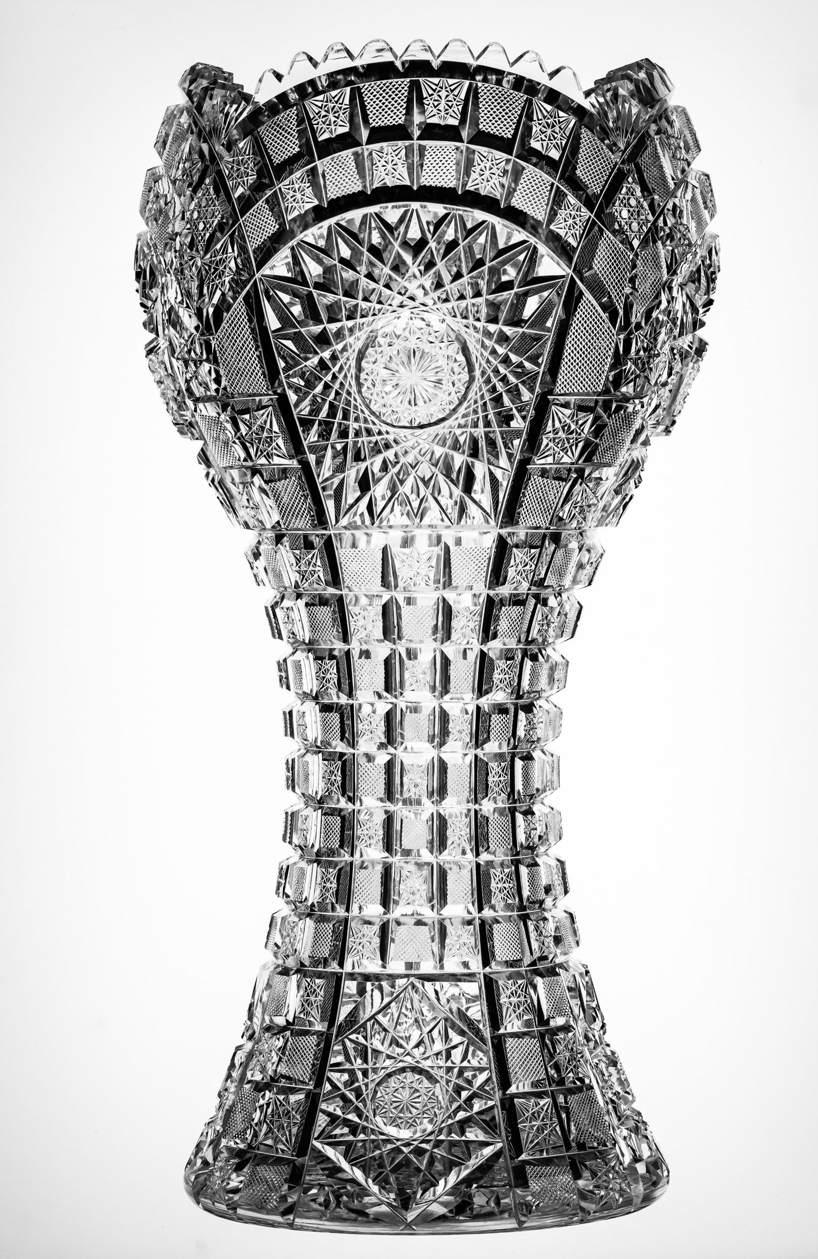 Woah! Heavy Checkerboard American Brilliant Period Cut Glass Corset Vase 10 pounds!: This large, heavy vase is the only one I've ever seen cut in this design. Featuring a "checkerboard" style design of alternating squares of hobstars and crosshatching framing large hobstars. The cente