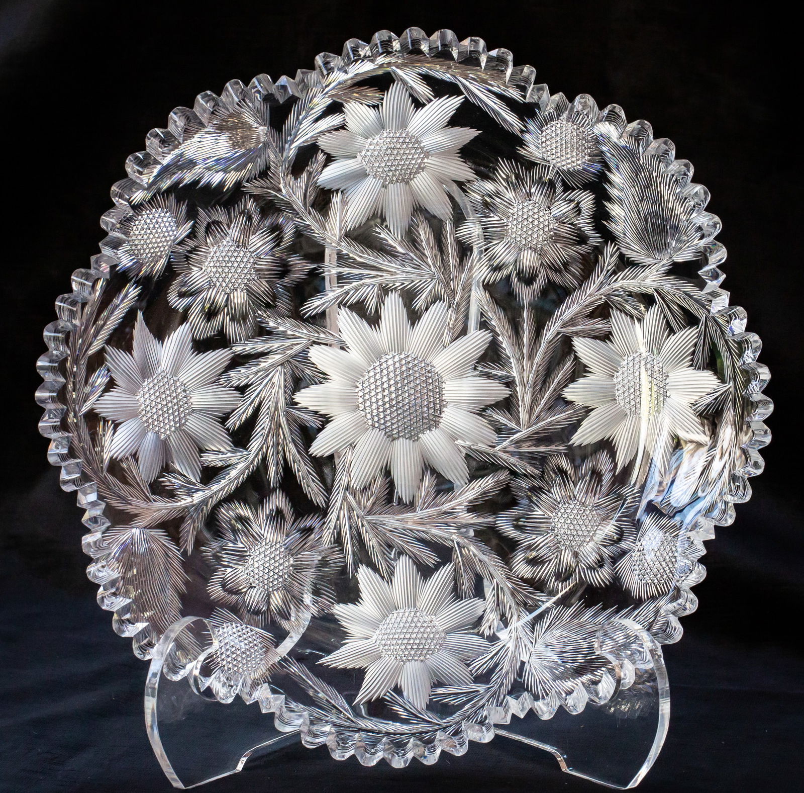 Unusual Libbey American Brilliant Period Cut Glass Tray in "Libbey" Pattern: This 12" plate was cut in Libbey's own namesake pattern "Libbey" likely designed by William C. Anderson. The Libbey patter features a thistle like design with hobnail centers on all the flowers and a