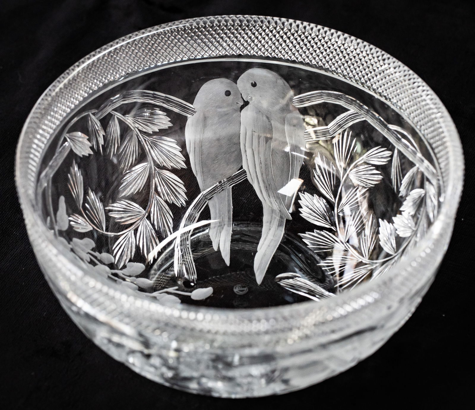 Classic Libbey Wisteria Lovebirds American Brilliant Period Cut Glass Bowl: This bowl is cut in Libbey's timeless Wisteria/Lovebirds design. Featuring a pair of lovebirds perched on cut and engraved wisteria. This would make an excellent gift for a loved one. Signed Libbey.