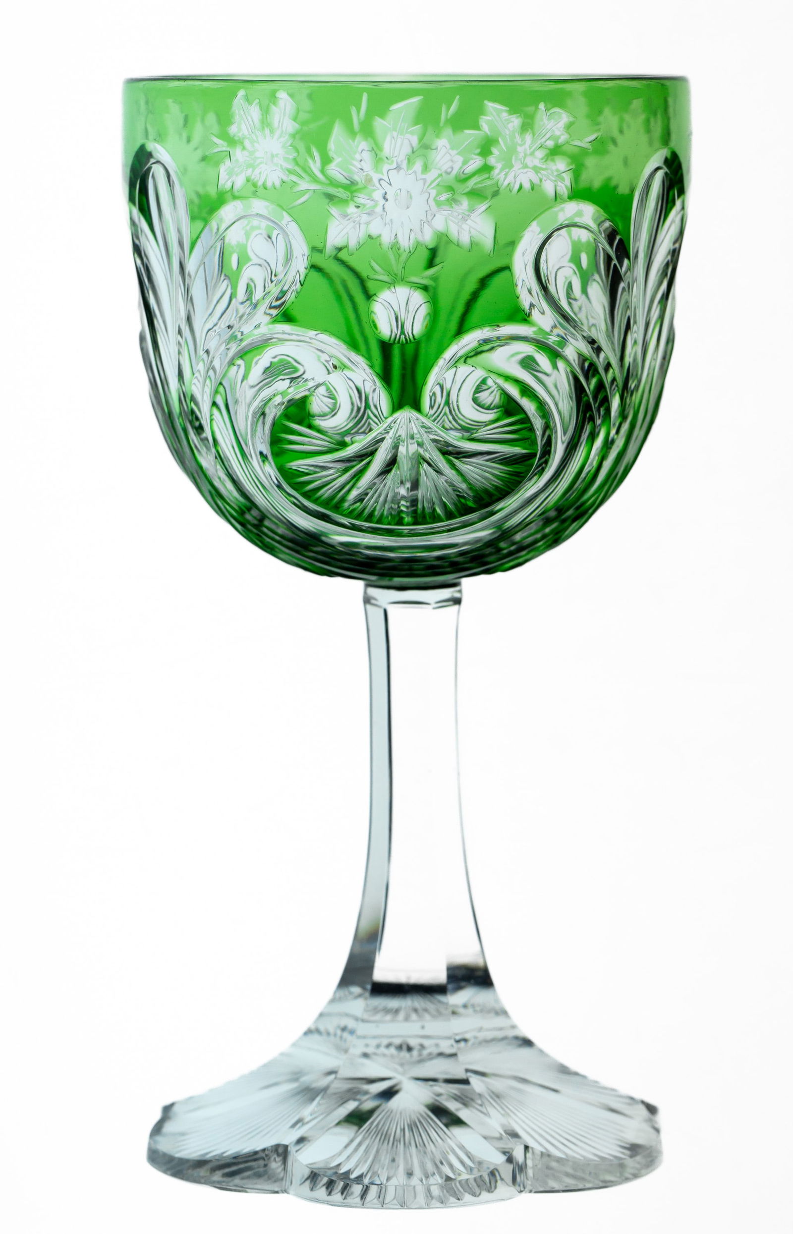 WOW Stevens & Williams Green to Clear Cut Glass Engraved Wine Stem: This is one of the most beautiful wine stems I've ever seen - cut and engraved by Stevens and Williams on an emerald green blank. What's really special about these piece is that the bowl itself is alm