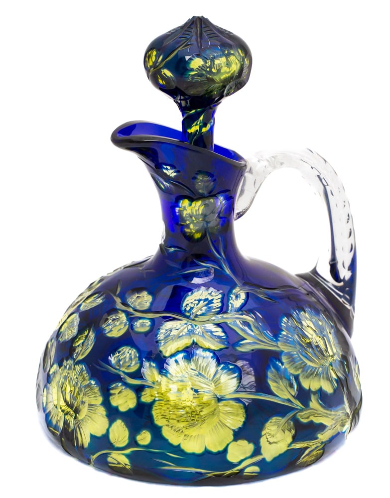 A Most Incredible Stevens & Williams Cobalt, Clear, Citron Cut Glass Engraved Decanter: For sale is one of the most incredible examples of color I've ever encountered or offered. Cut in vibrant cobalt over clear over citron, this decanter is a Museum Quality example of Stevens & Williams