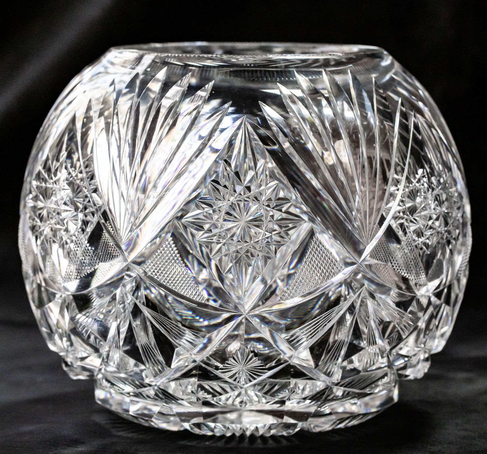 Gigantic 8" Mount Washington Primrose American Brilliant Period Cut Glass Rose Globe: This huge rose globe was cut by Mt. Washington in their Primrose design. The pattern is completely seamless - never ending and covering the base of the globe entirely. The cutting is extremely deep an