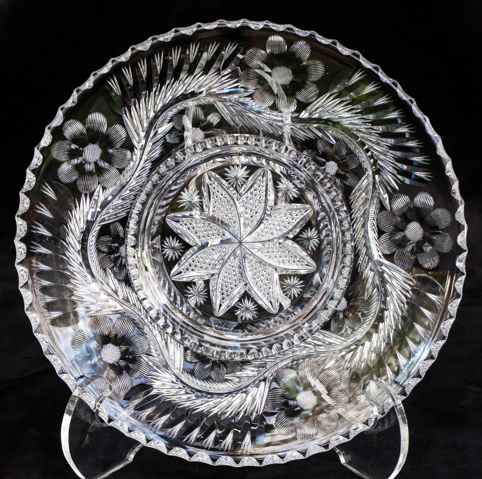 Unique Libbey Cut & Engraved American Brilliant Period Cut Glass Dip Plate: This is a particularly unusual chip/dip server signed Libbey. I have never seen another and the piece has a great contrast of realistic work on the outer border and the center has a great swirling hob