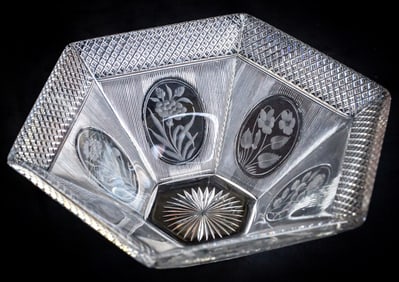 Iconic Sinclaire Silver Threads American Brilliant Cut Glass Engraved Hexagonal Bowl