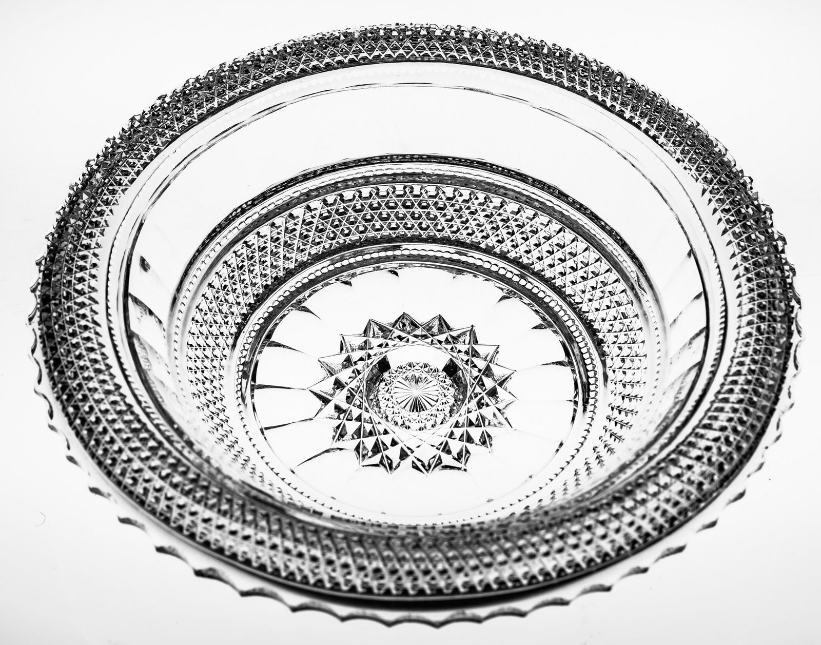 Rare Jewel Emerald American Brilliant Period Cut Glass Rolled Rim Derby Bowl: This extremely rare pattern was called Emerald and was cut by Jewel Cut Glass Co. It is very similar to the Aberdeen pattern but instead has hobnail where Aberdeen has hobstars. It is a great contrast