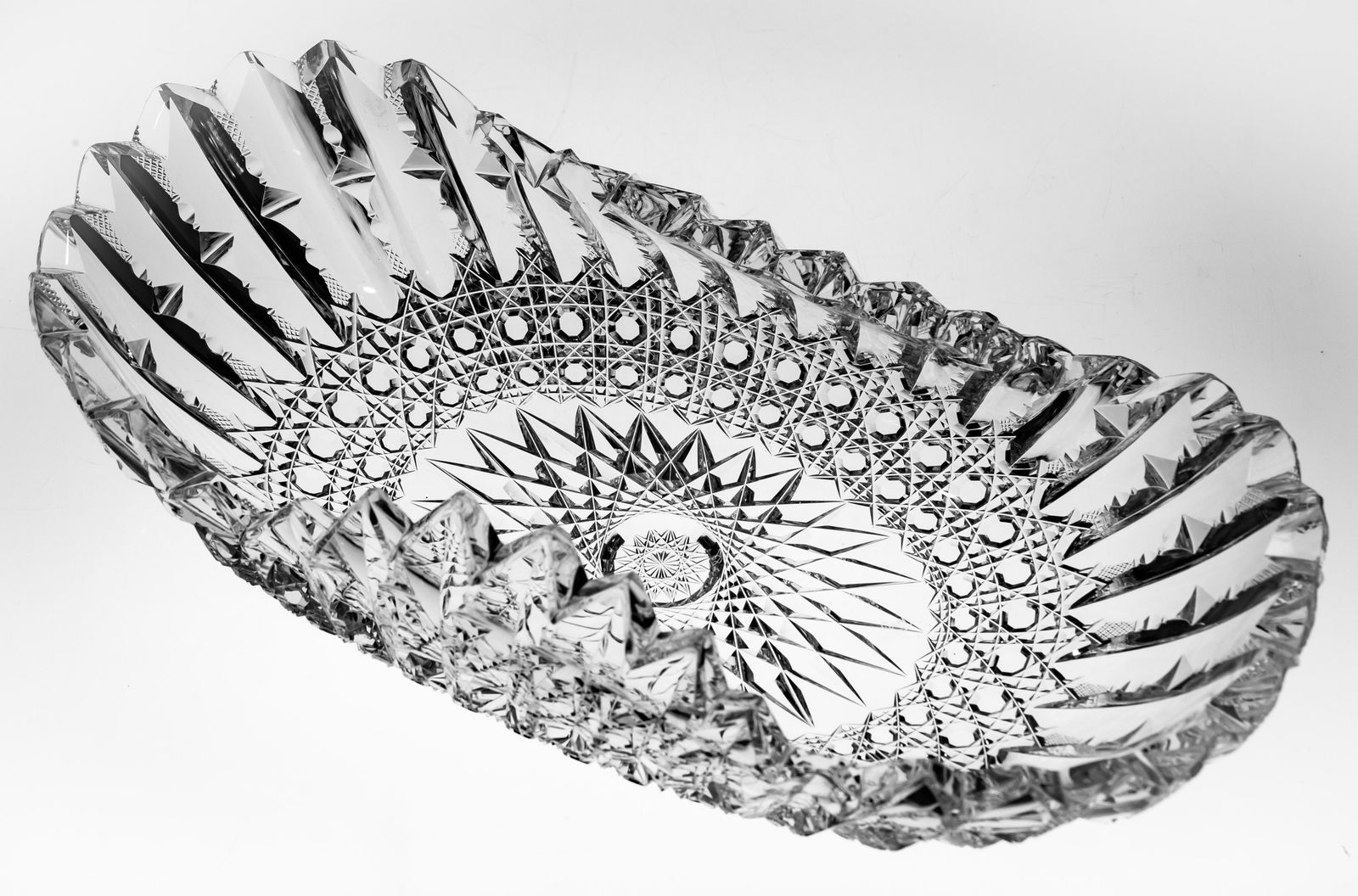 Elegant Libbey Prism American Brilliant Cut Glass Rolled-Rim Bread Tray: This bread tray was cut and signed in the Prism design by Libbey. This is a classic Libbey blank but this is one of Libbey's rarer designs and features some of the most precise cutting on a water-whit