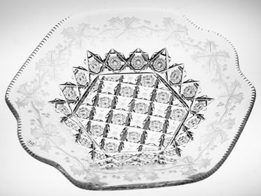 Extremely Unusual Sinclaire Snowflakes & Holly Brilliant Cut Glass Handled Dish