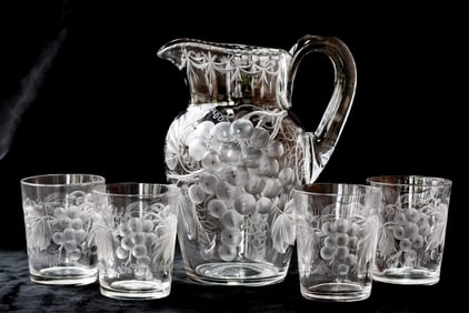 Elegant Tuthill Vintage American Brilliant Cut Glass Pitcher and Tumblers Water Set