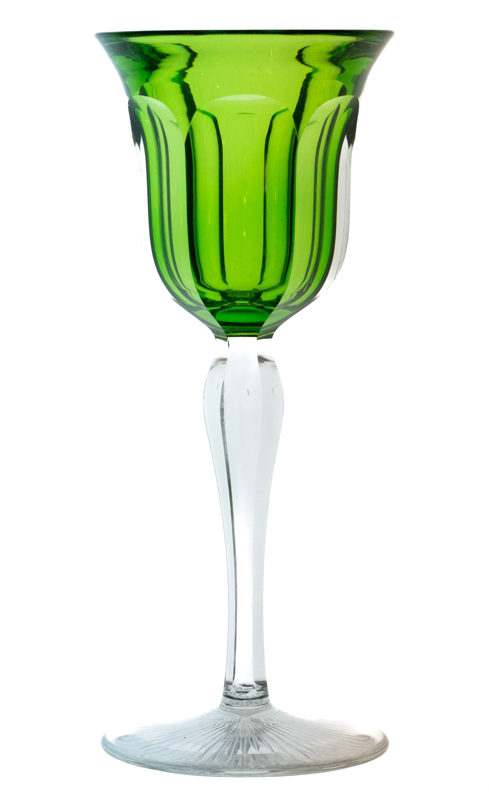 Nice Hawkes Internally Cased American Brilliant Cut Glass Hock Wine: This stem from Hawkes is internally cased with a thick, clear glass exterior layer and green interior layer. Because of the way the clear flutes are cut, an effect is created where it's easy to see ea