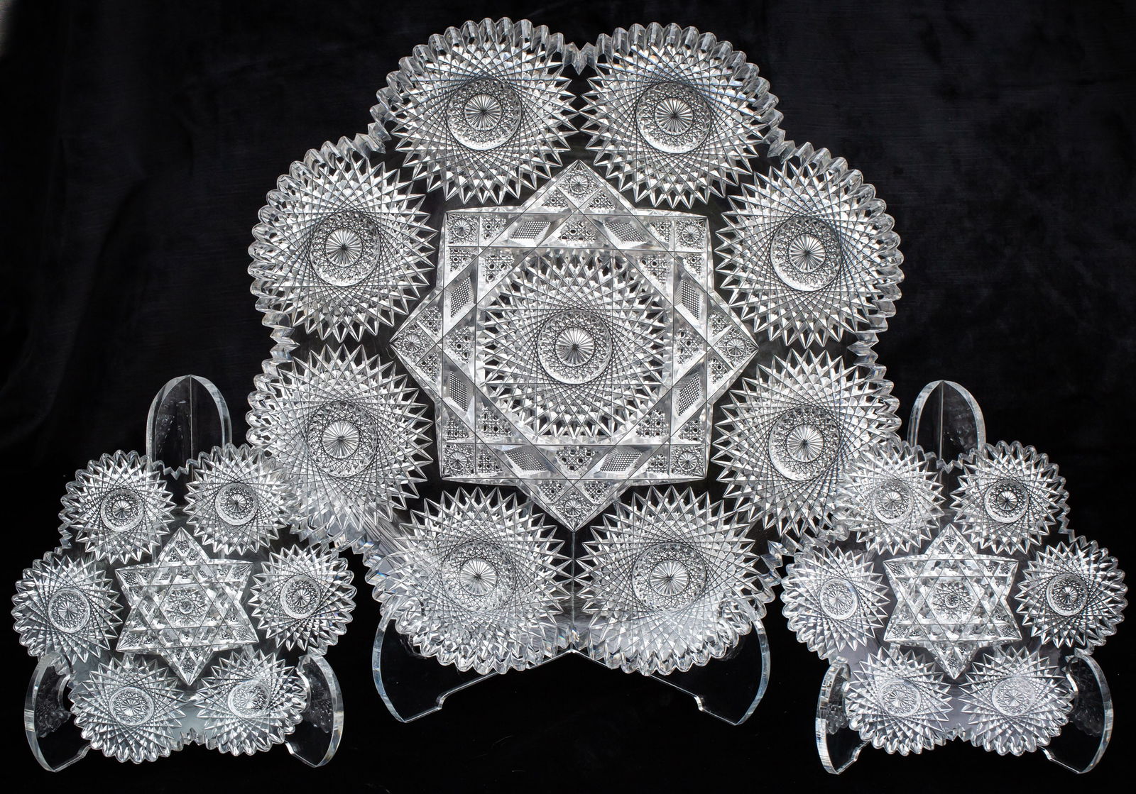 Incredible, Huge Meriden Star American Brilliant Cut Glass Ice Cream Set: Fabulous example of some Meriden's best work - this set in their Star design features a giant, heavy, and sharp round tray weighing 10 pounds! I love how Meriden nailed the exterior hobstars right int