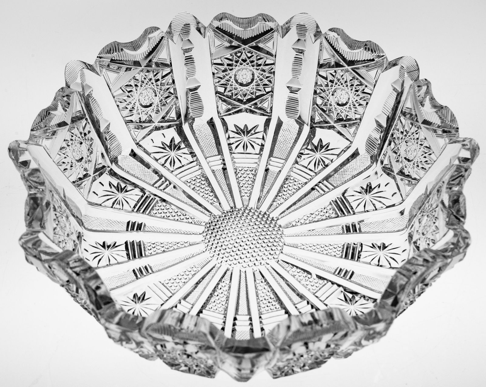 Rare and Unusual Libbey American Brilliant Period Cut Glass Crimped Panel Bowl: Truly one of the most unique pieces Libbey ever created is this crimped bowl. The unknown pattern features deep panel cutting that locks into the crimped/ruffled edge! There is a wide variety of cutti