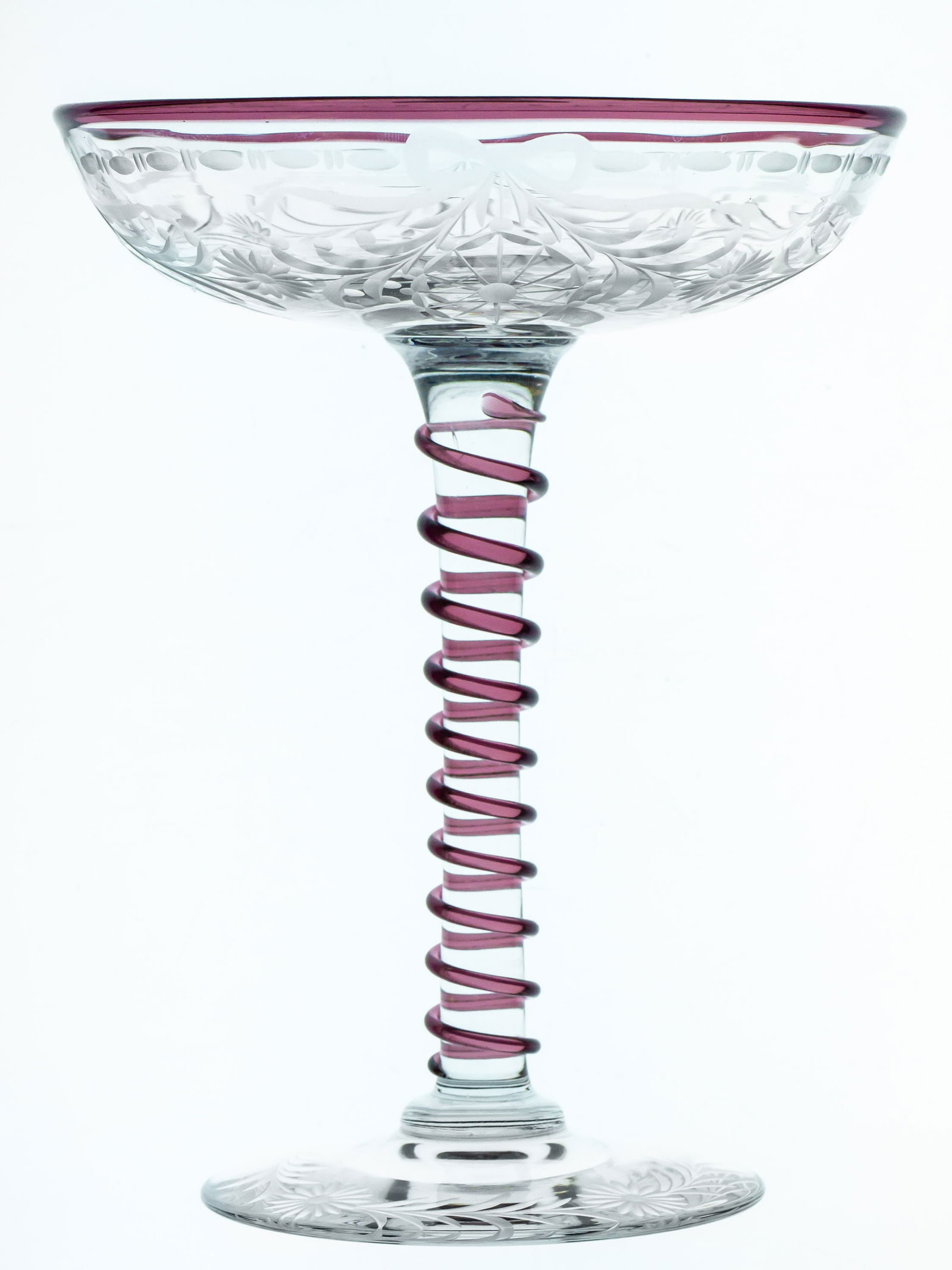 Rare Pairpoint Waterford Amethyst American Brilliant Cut Glass Compote: This compote and the following lot were cut in a rare line by Pairpoint with unusual color application. This piece features an applied purle rim and twist around the stem! Engraved is Pairpoint's Wate