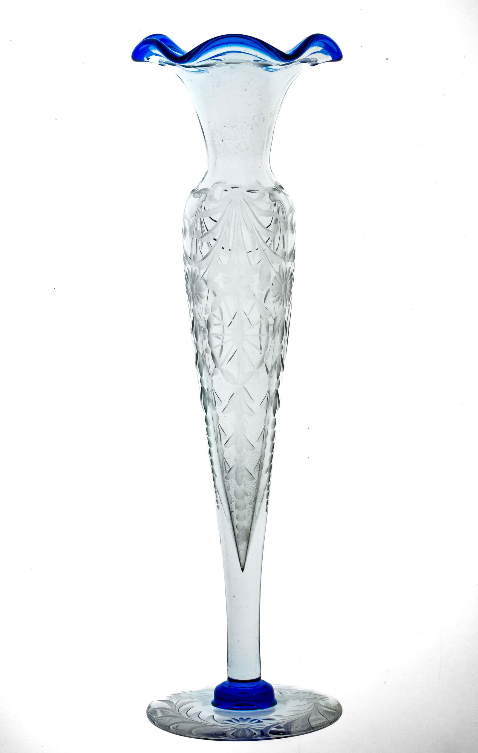 Rare Pairpoint Waterford Cobalt American Brilliant Cut Glass Vase: This vase and the previous lot were cut in a rare line by Pairpoint with unusual color application. This piece features an applied cobalt rim and base attachment! Engraved is Pairpoint's Waterford des