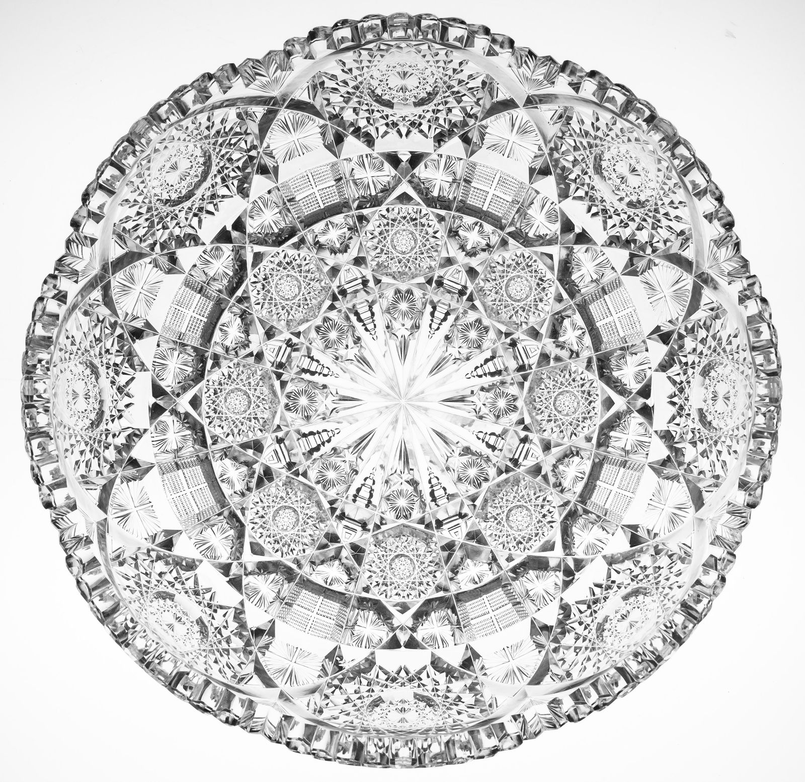 Incredible Pairpoint Catalpa American Brilliant Period Cut Glass Low Bowl: This large low bowl was cut in Pairpoint's hard to find Catalpa pattern. This pattern features more cutting than just about any pattern from the Brilliant Period. Everywhere they could add cutting, th