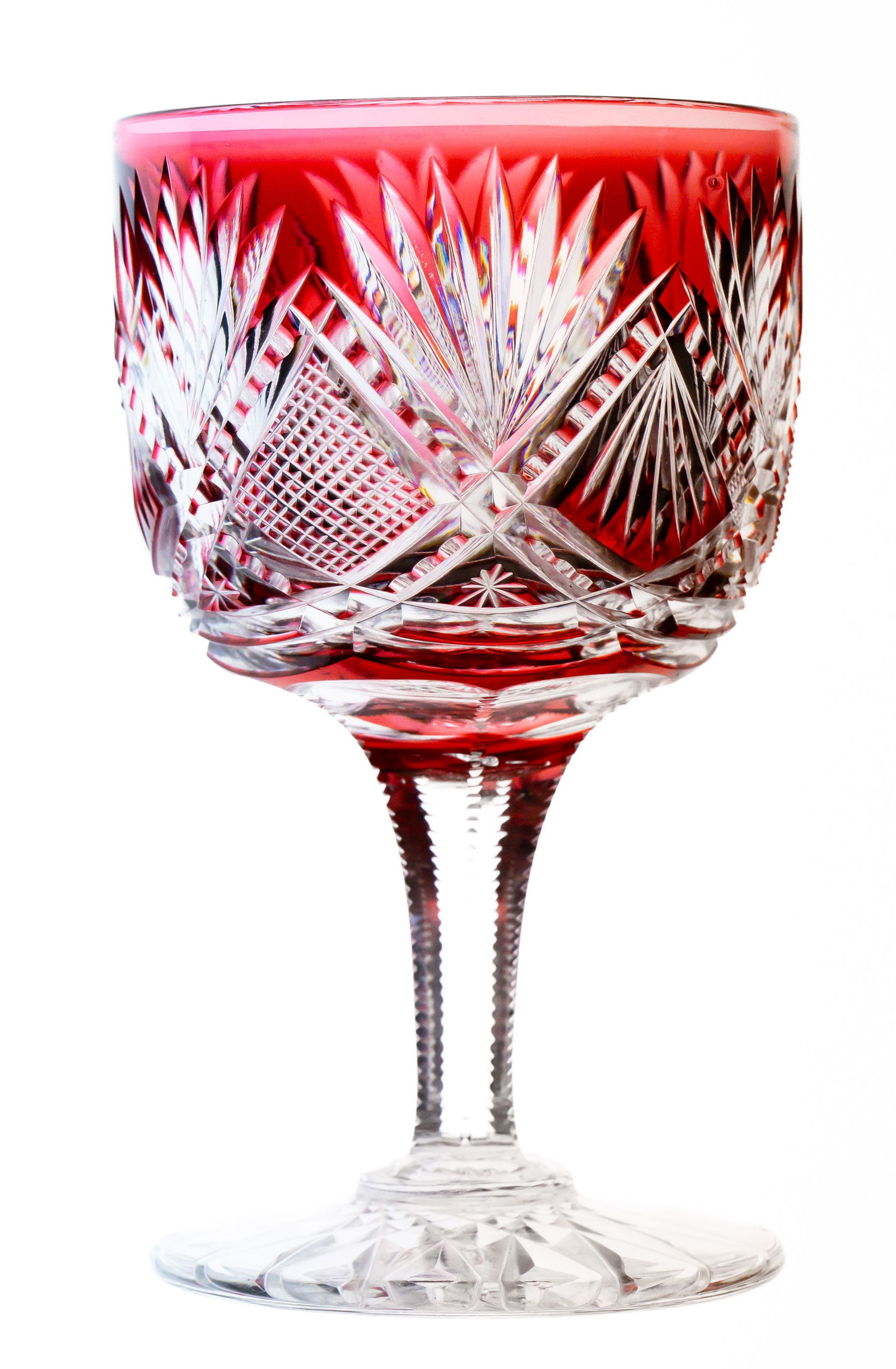 Beautiful Dorflinger Cranberry to Clear Parisian American Brilliant Cut Glass Wine Glass: Fabulous example of American colored to clear glass. This wine stem is cut in Dorflinger's desirable, early Parisian pattern. A great piece to spice up a cabinet or add to a great stem collection. Fea