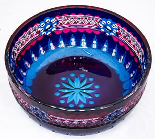 A Most Unique Val Saint Lambert? Cut Glass Punch Bowl Cobalt over Clear over Cranberry