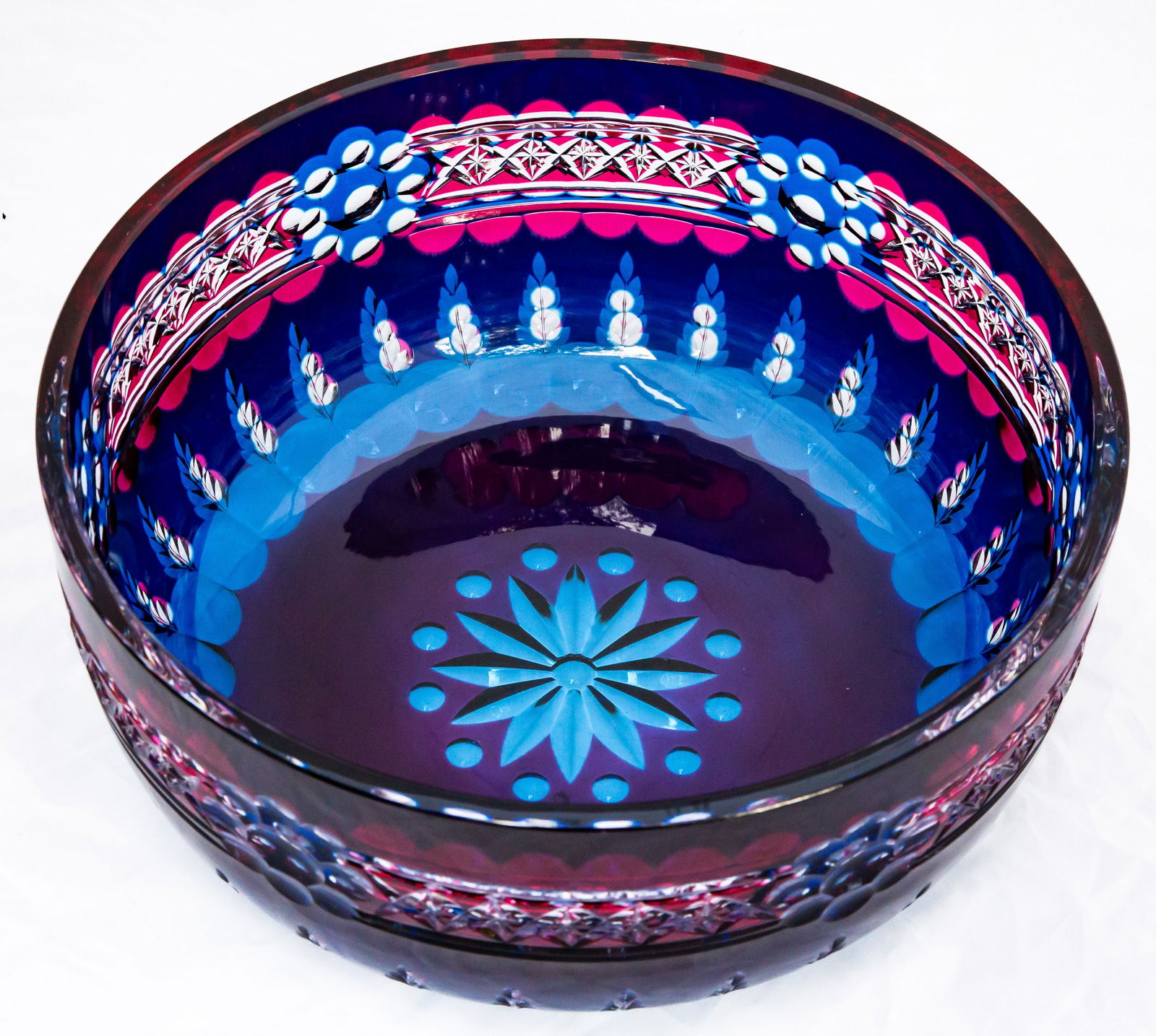 A Most Unique Val Saint Lambert? Cut Glass Punch Bowl Cobalt over Clear over Cranberry: This is one of the most difficult pieces to communicate through photos and a description - even in person it is initially confusing to figure out. This punch bowl was made by Val Saint Lambert and has