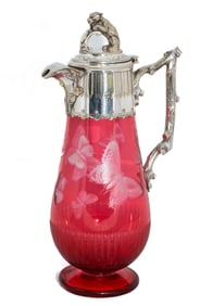 Fantastic Cranberry Butterfly Cut and Engraved Glass Ewer Wine Claret