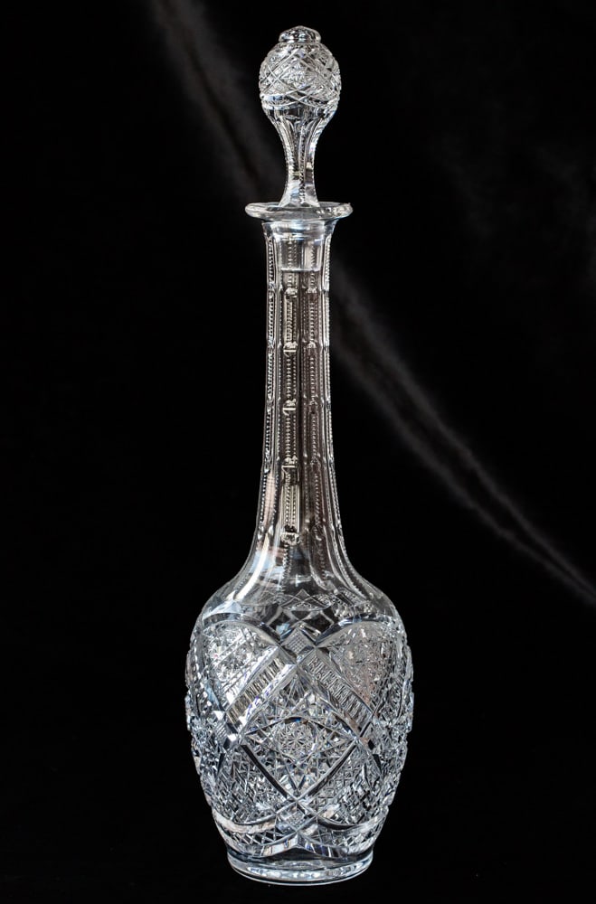Huge Val Saint Lambert Brilliant Cut Glass Decanter w/ Pattern Cut Stopper: This extremely tall decanter was cut by Val Saint Lambert and features a pattern cut stopper. Really neat type of notching used to divide this pattern that features large scallops that create an optic