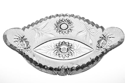 Unusual Tuthill Matte Finish American Brilliant Cut Glass Handled Dish