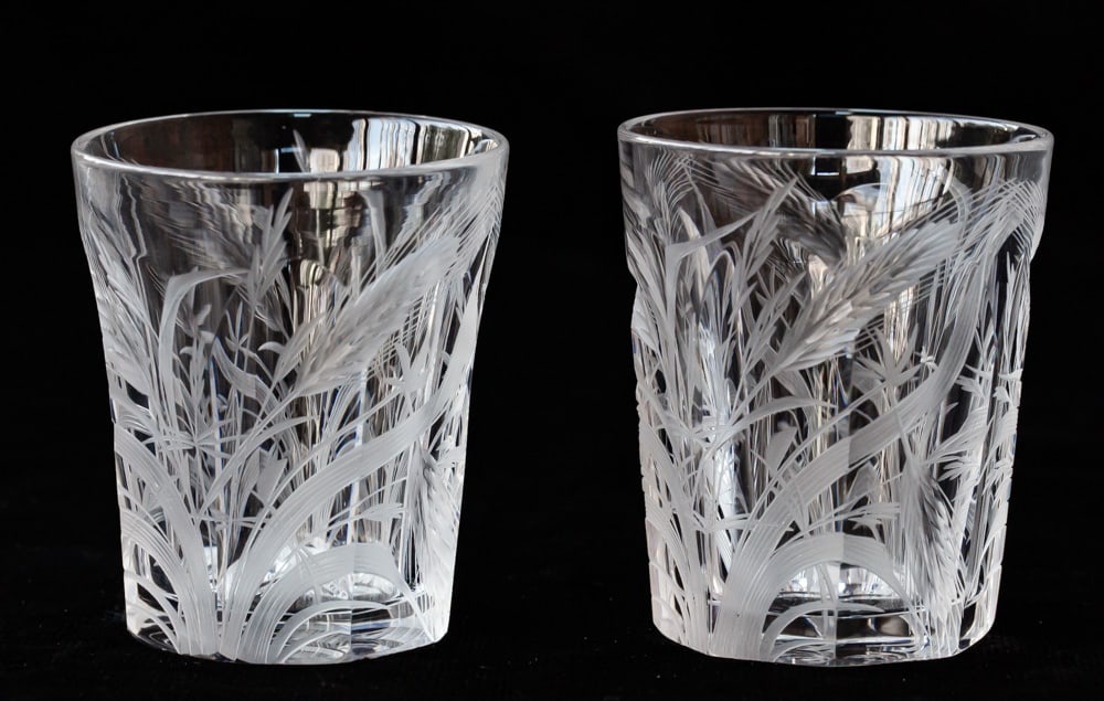 Pair of Libbey Wheat American Brilliant Period Cut Glass Whiskey Shot Glasses: Nice example of engraved wheat by Libbey - both pieces signed. Hard to find shot glasses this nice.