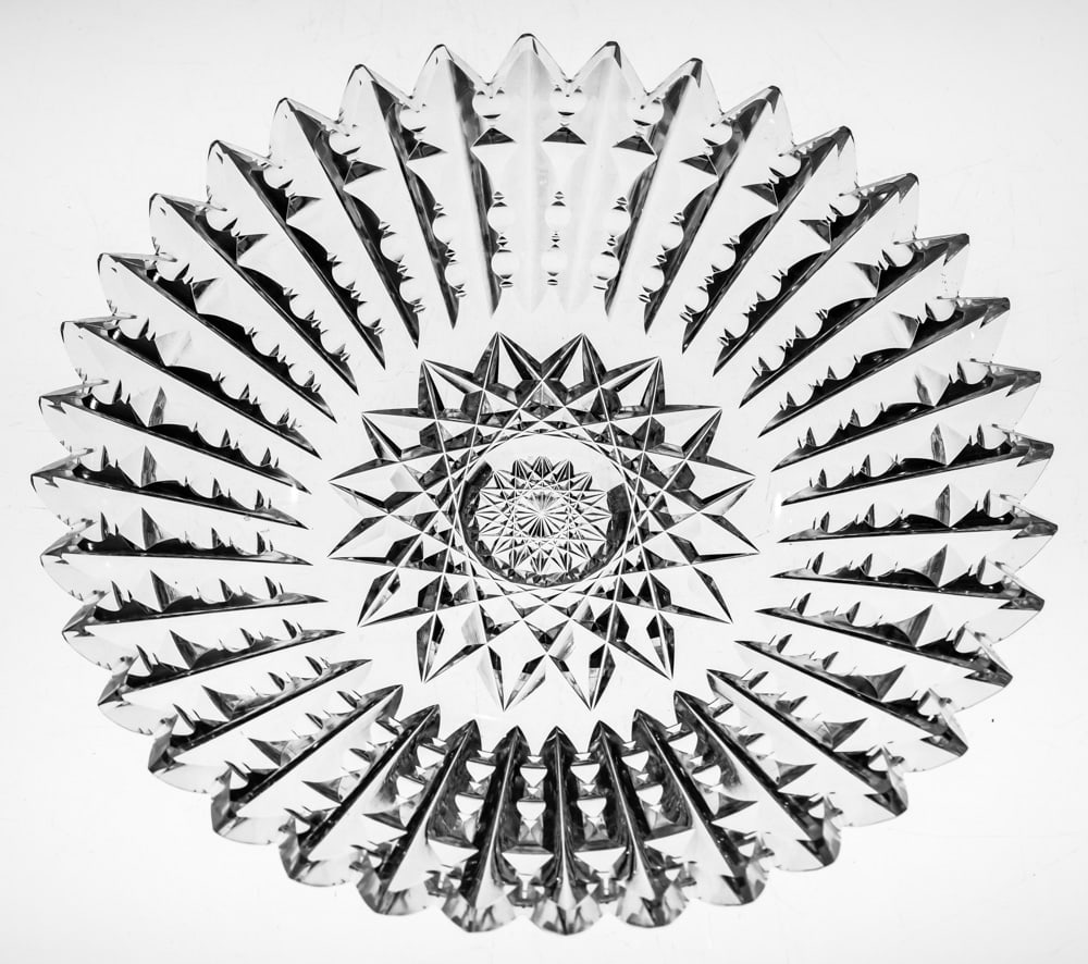 Nice Libbey Notched Prism American Brilliant Cut Glass 7" plate: Really nice signed Libbey plate cut in a notched prism motif with hobstar center.